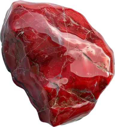 Sculptural red chair with a rounded, faceted surface.
